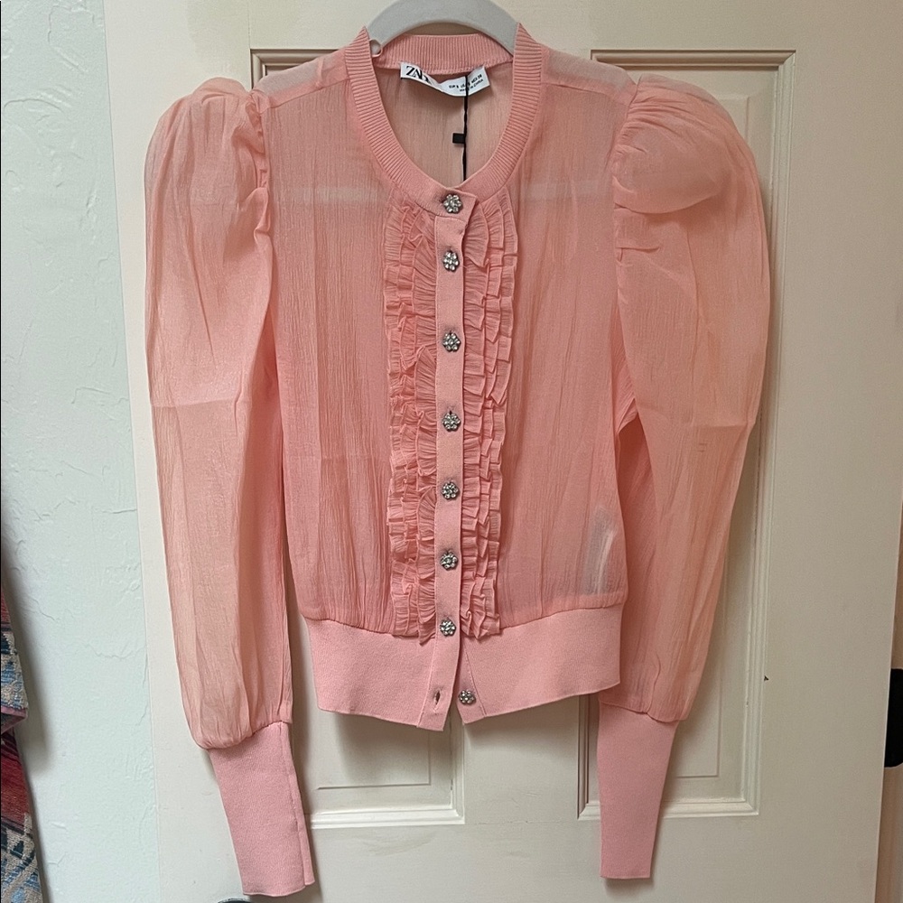 Zara Light Pink Sheer Ruffle Cardigan